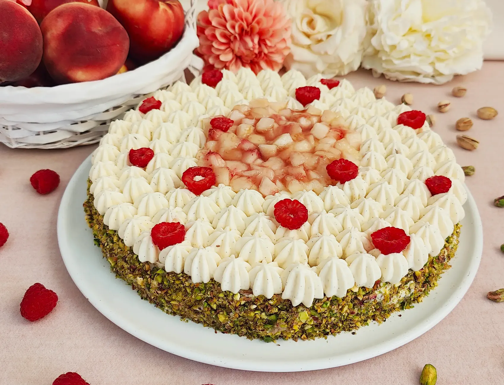 Peach raspberry pistachio cake