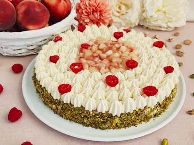 Peach raspberry pistachio cake