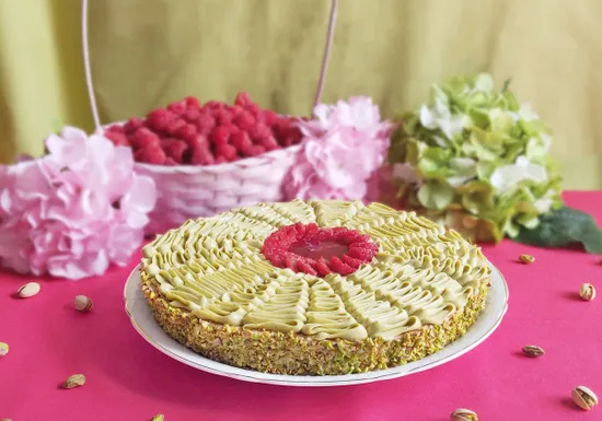 Raspberry pistachio tart