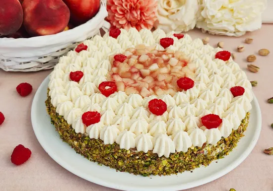Peach raspberry pistachio cake