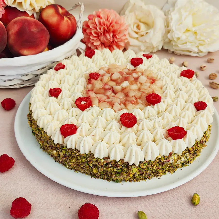 Peach raspberry pistachio cake