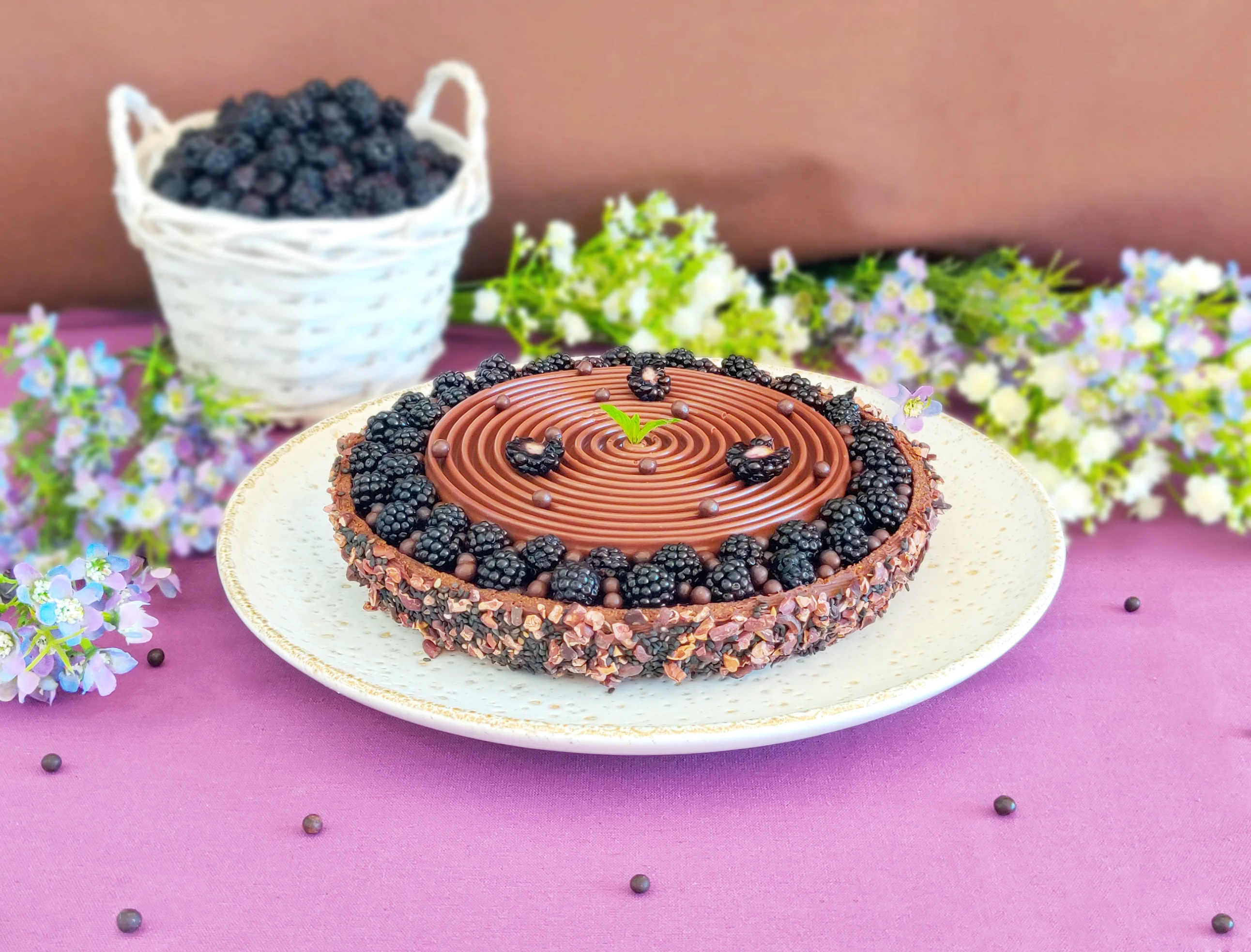 Blackberry sesame chocolate tart